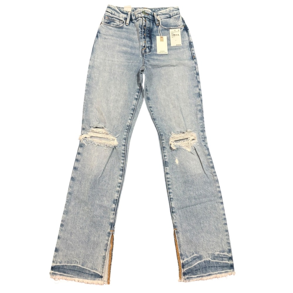 Good American Good Boy Flare Jeans Distressed Hem Slit Light Wash Size 0 NWT